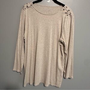 J.Jill  Large Petite  Pima Laced Shoulder Long Sleeve Tunic Top OATMEAL Beige
